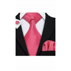 3delige set stropdas manchetknopen pochet roze effen  